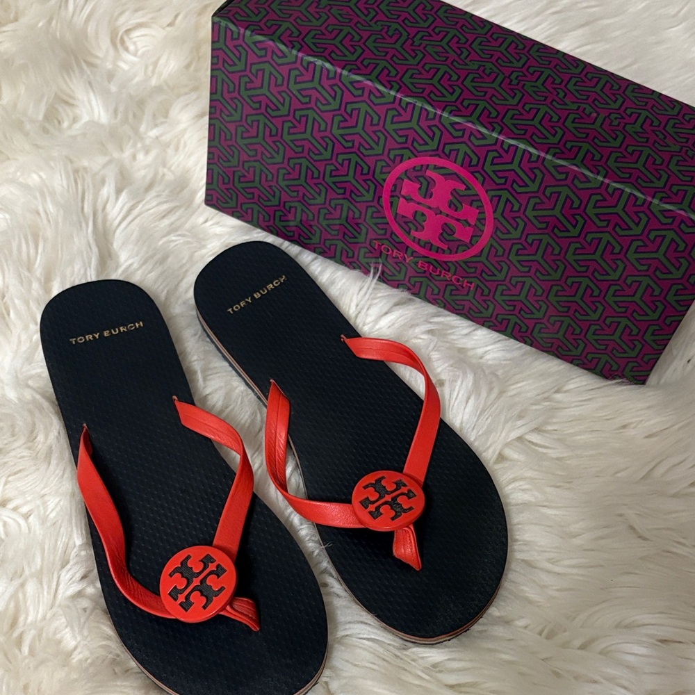 Tory Burch Red and Navy Flip Flops